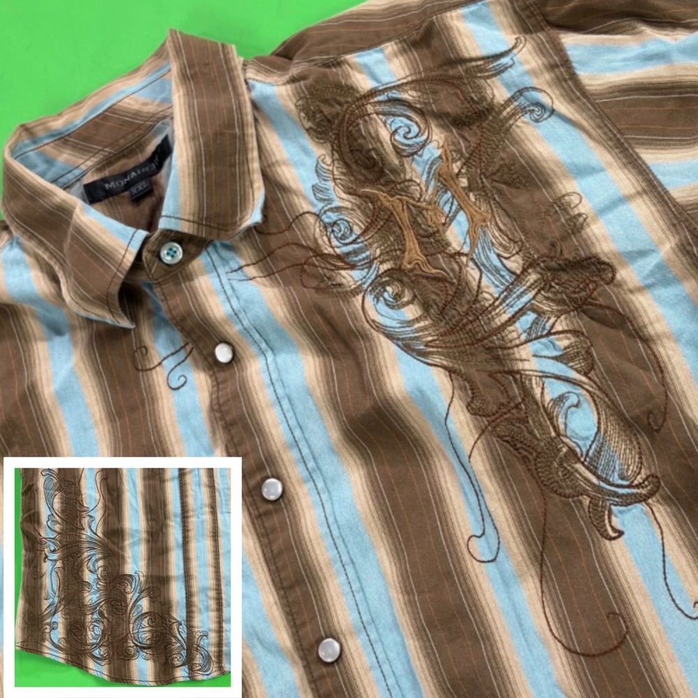 Monarchy Pearl Snap Shirt Mens 2X Brown/Blue Striped SS Double-sided Embroidered